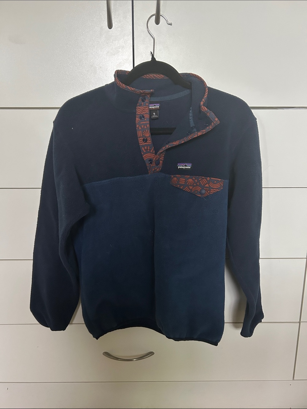 Patagonia Navy Fleece Pullover with Rust Accent Trim